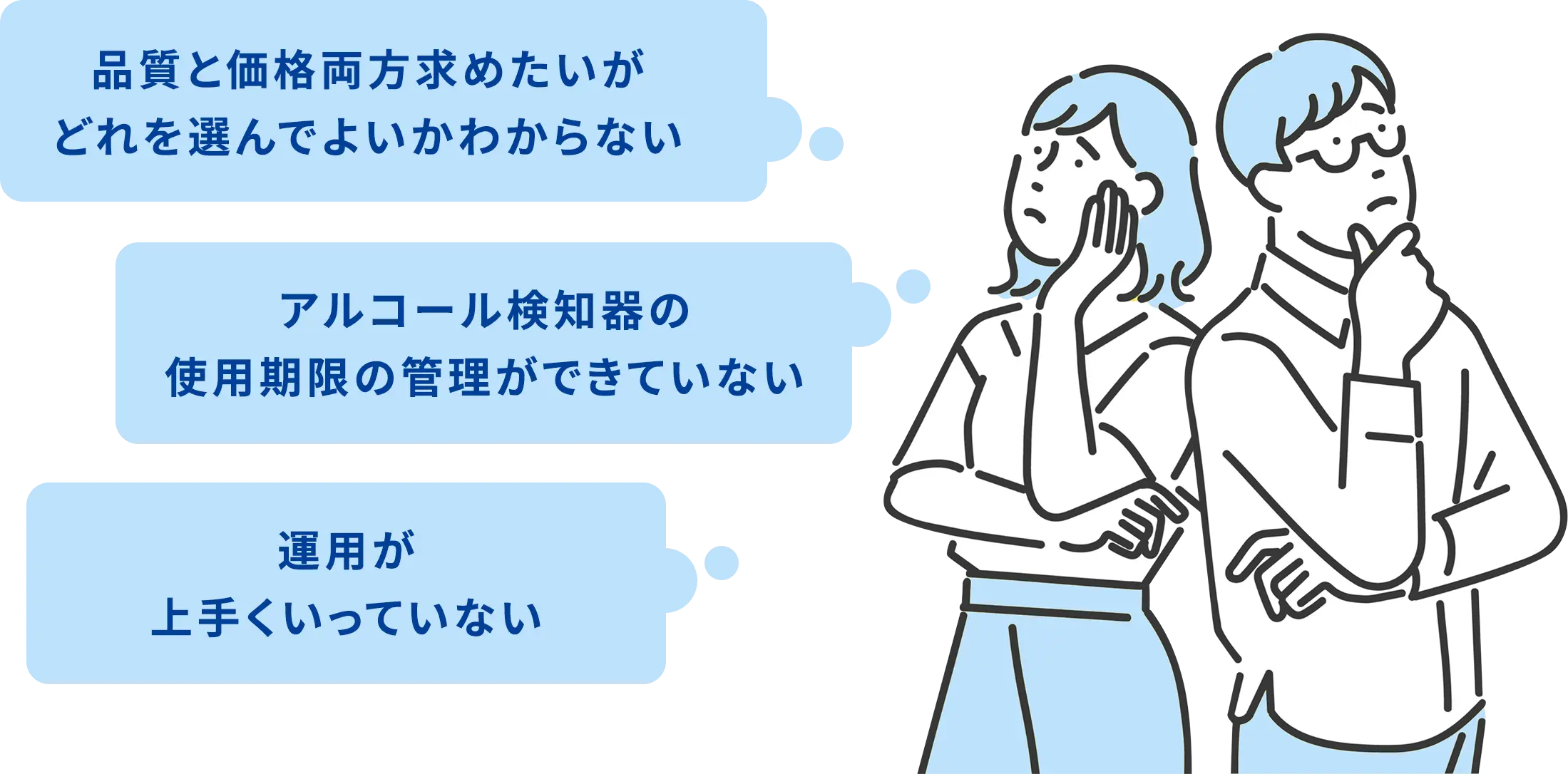 品質と価格両方求めたいがどれを選んでよいかわからない アルコール検知器の使用期限の管理ができていない 運用設計までの最適化が上手くいっていない